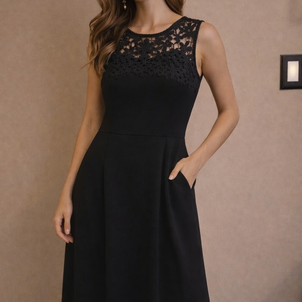 Sandra Darren Black Sleeveless Midi Dress